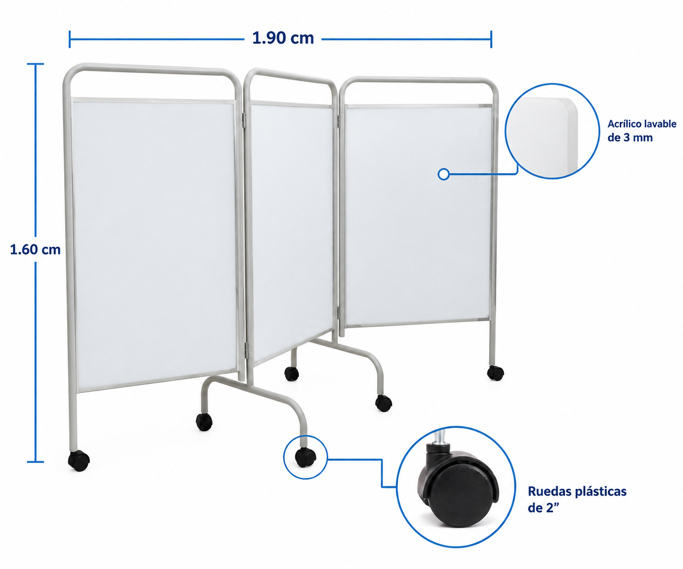 Biombo de Tres Cuerpos con Panel de Acrílico y Ruedas